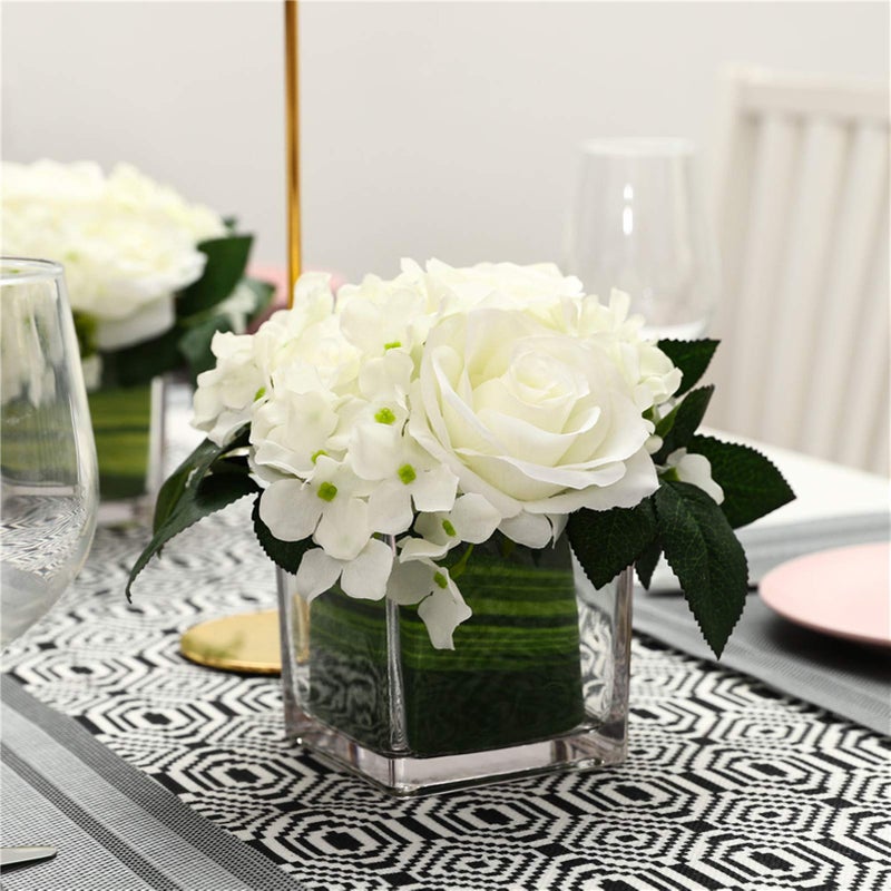Fule Artificial Silk Rose Flower Centerpiece Arrangement in vase for Home Wedding Decoration (White) - Image 2